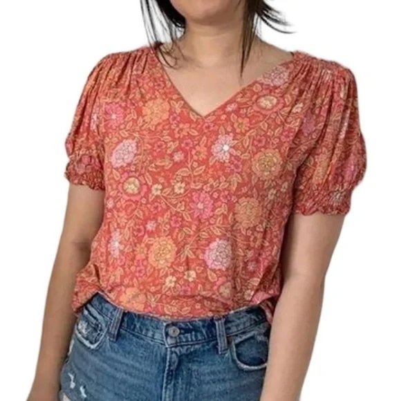 Rachel Zoe Floral Print Puff Sleeve Smocked Shoulder V-Neck Top - Medium - EUC - Picture 3 of 13